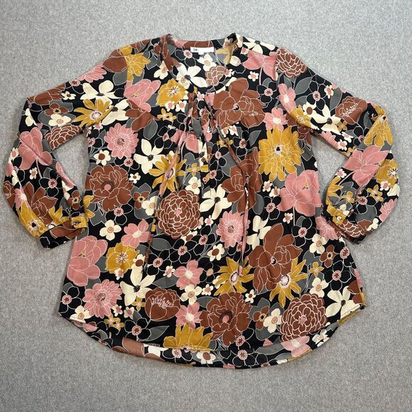 DR2 Floral Peasant Tunic Women's Large 3/4 Sleeve Sheer Black Gold Pink Button - Picture 1 of 9